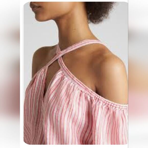 Gap Cold-Shoulder Stripe Linen Top Blouse Red White Nautical Size Medium - Picture 3 of 7